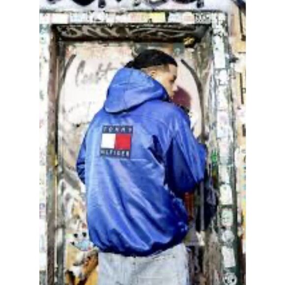 1990S OVERSIZED SHINY BLUE TOMMY HILFIGER PUFFY JACKET YELLOW LINING Men’s XL - Picture 1 of 15